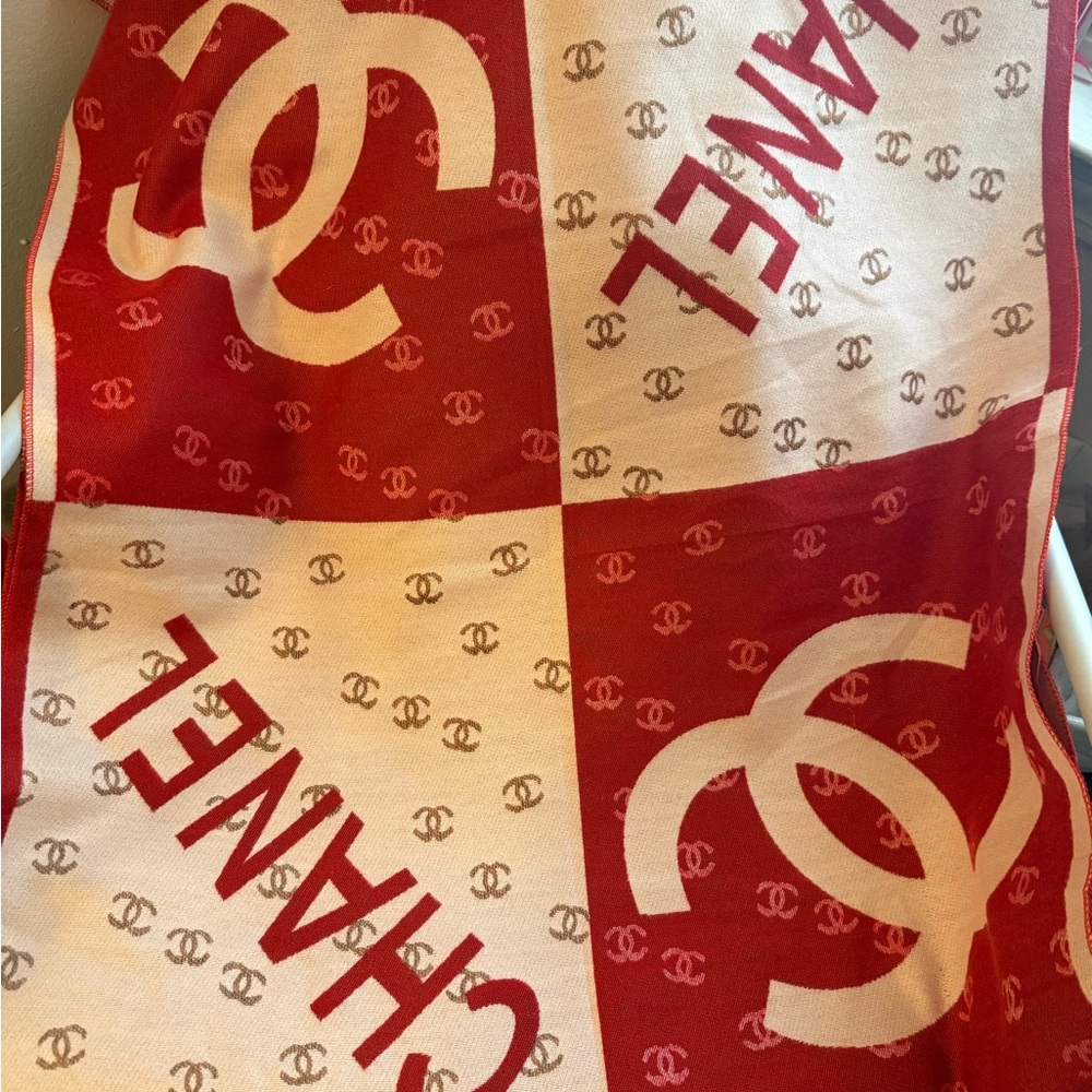 CHANEL Red and Cream Logo Checker Scarf